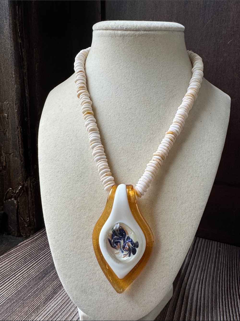 Artisan Handcrafted White and Gold Glass Pendant with Shell necklace